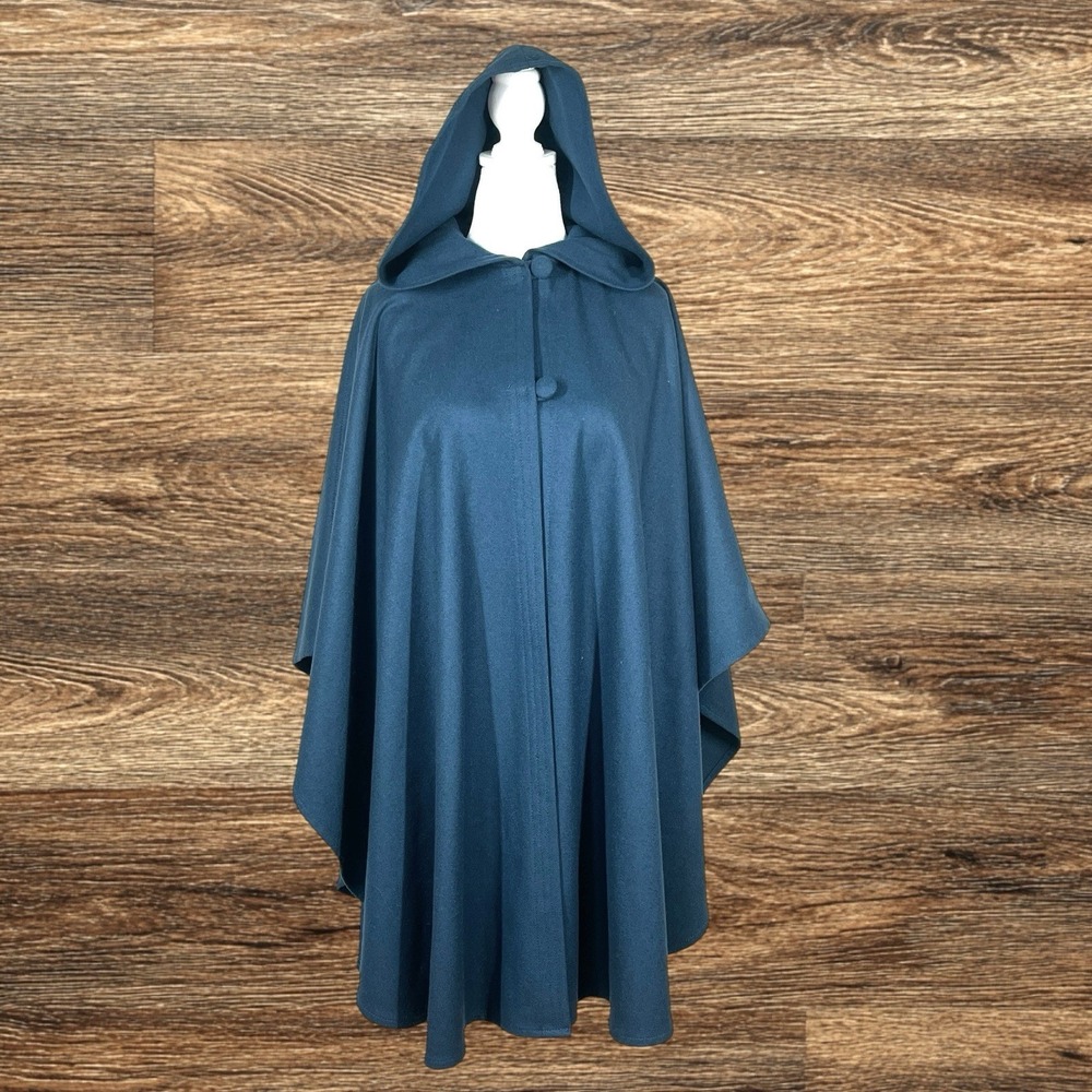 Vintage Texas Body hangings Hooded Cloak Size S Teal Blue 100% Wool Cape